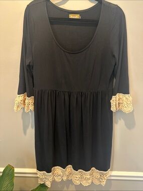 Black Long Sleeve Dress with Cream Crochet Trim